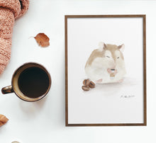 Load image into Gallery viewer, Coffee Hamster Watercolor Print
